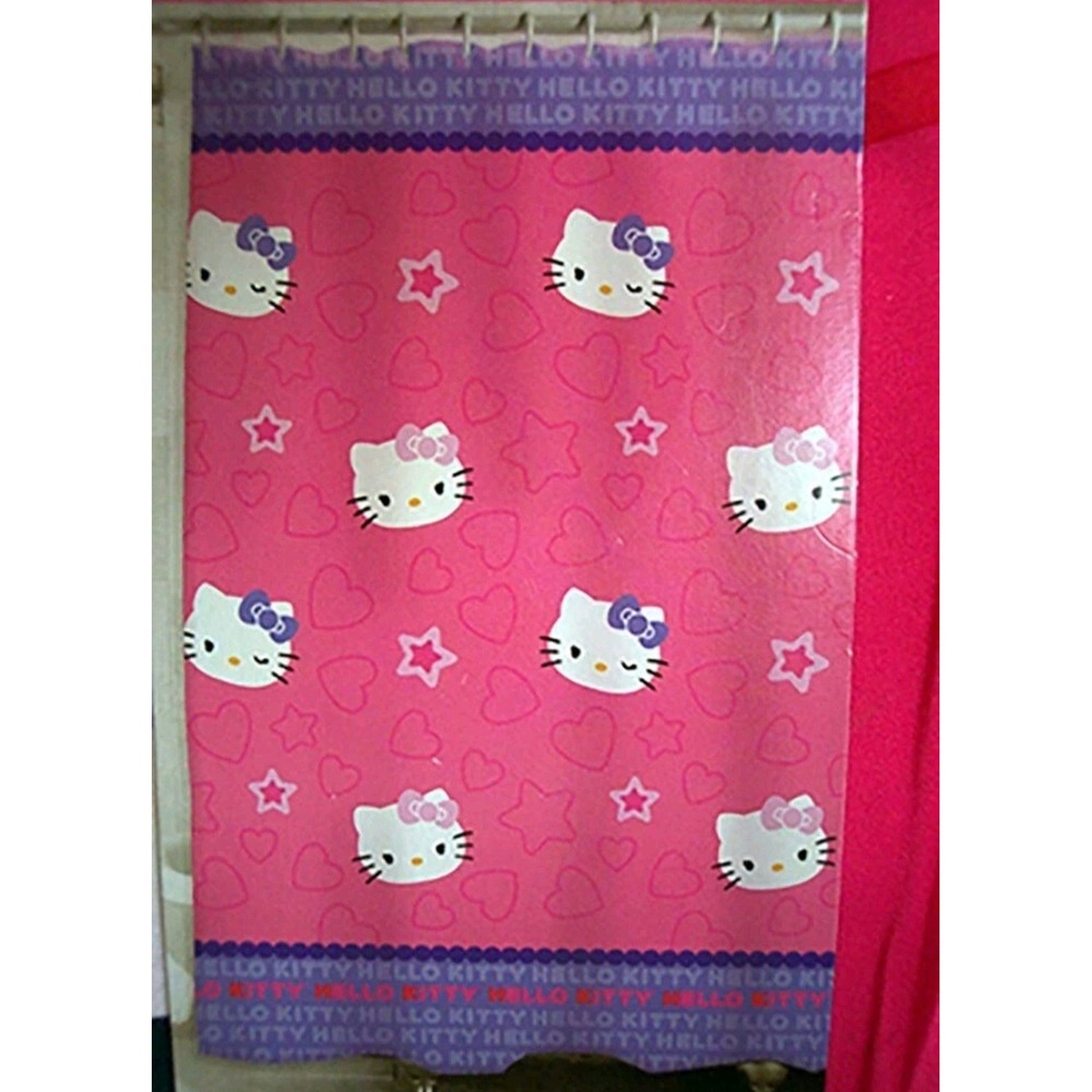 Hello Kitty Shower Curtain Pink Purple Hearts Stars Wink Sanrio Fabric